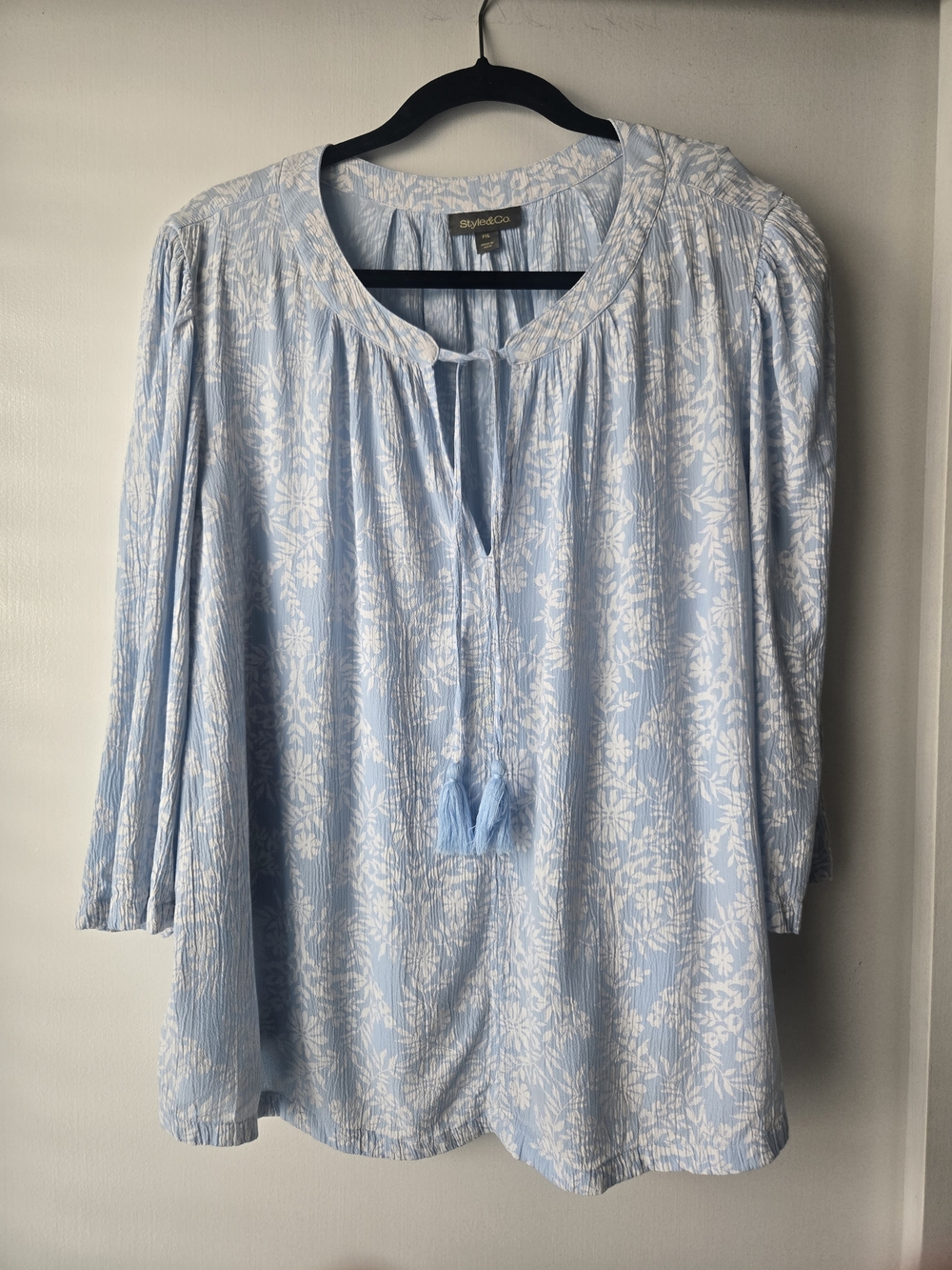 Style & Co. Light Blue and White Floral Tie-Front Tunic